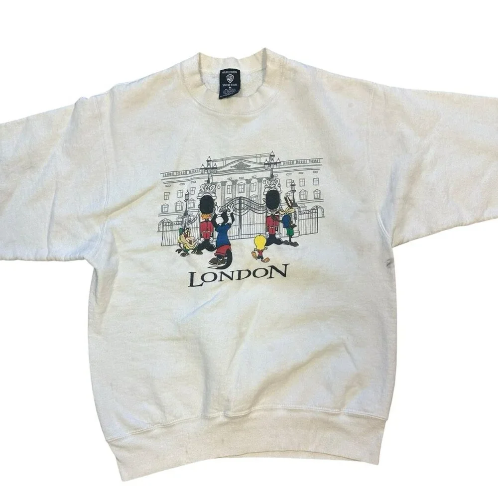 Vintage 1995 Looney Tunes Sweatshirt Mens Medium White Warner Bugs Bunny Cartoon